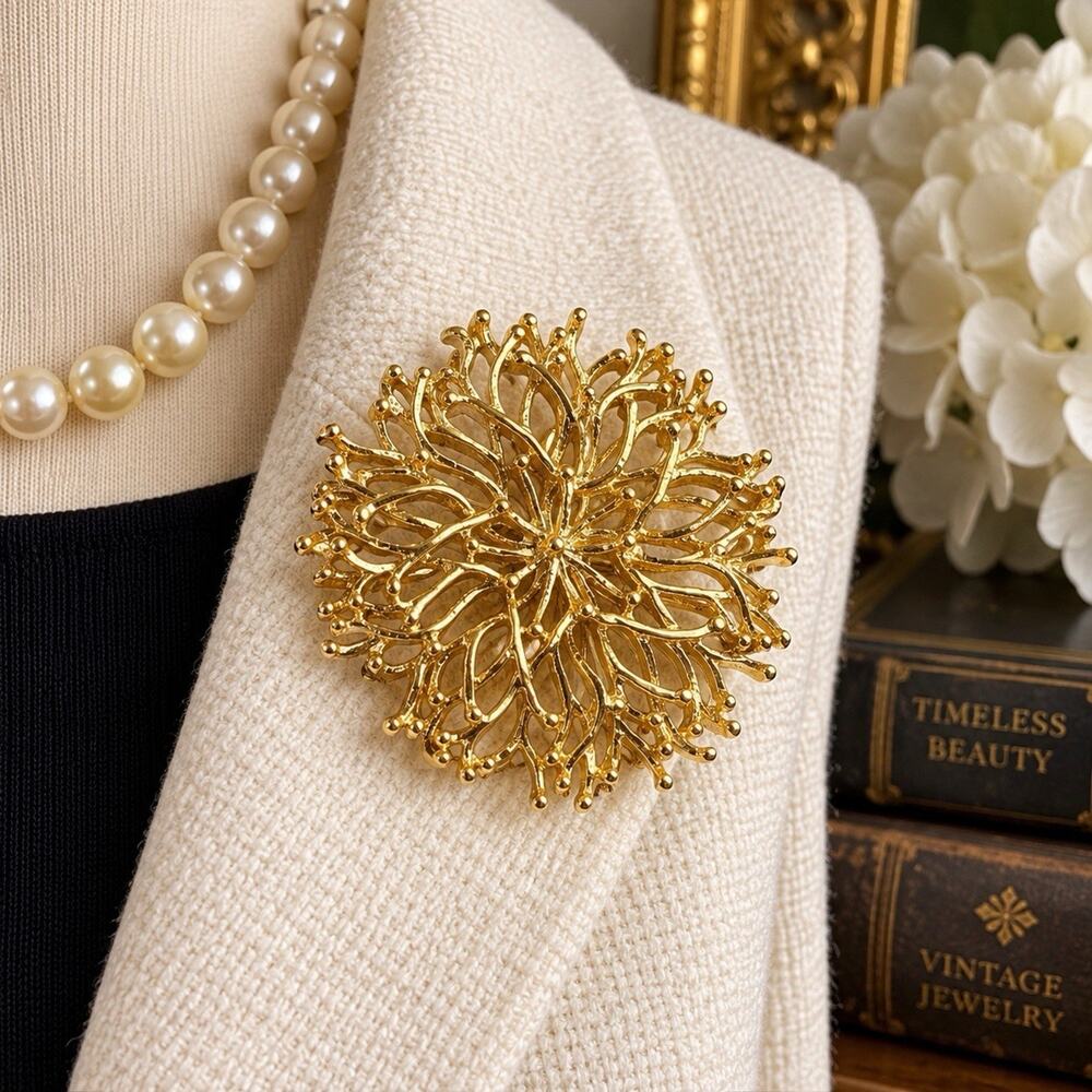 Vintage Gold Tone Openwork Floral Flower Brooch Pin 2.5” Statement Jewelry